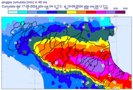 Pioggia in mm cumulata in 48 ore in Emilia-Romagna, dalle 6 (ora locale) del 17 settembre 2024 alle ore 6 (ora locale) del 19 settembre 2024 